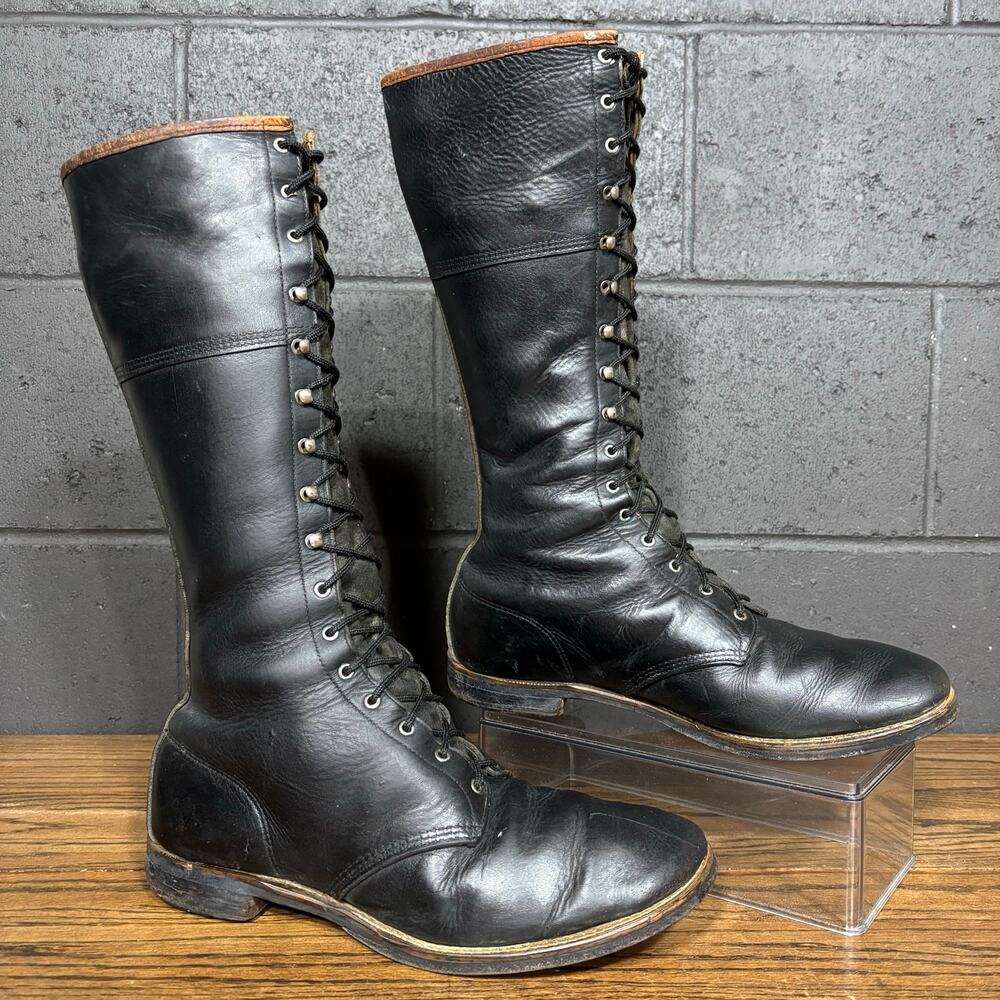 Vintage Black Leather Tall Lineman Boots Lace Up Logger Work Boots Men’s 9